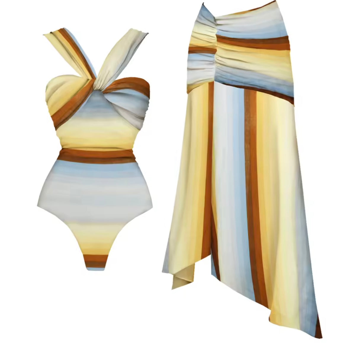 Women Halter Multicolored Striped Swimsuit Cover Up Set