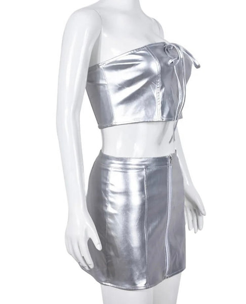 Women Silver Sexy Strapless Two Piece PU Skirt Set