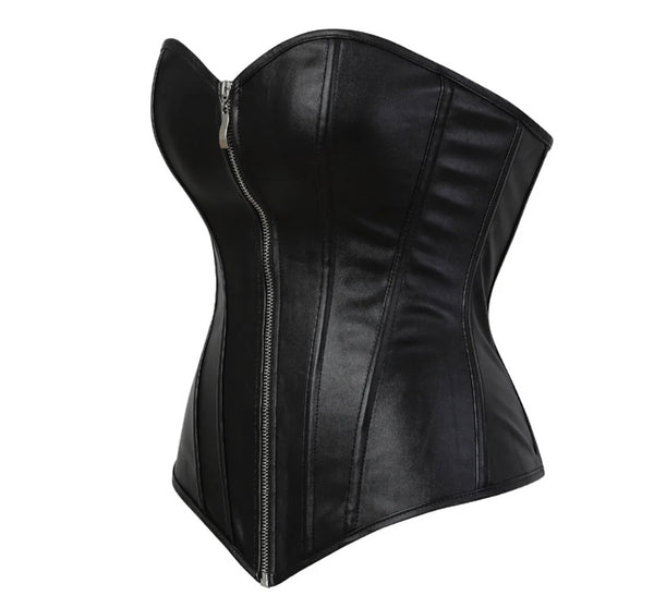 Women Fashion Faux Leather Zipper Strapless Corset Top