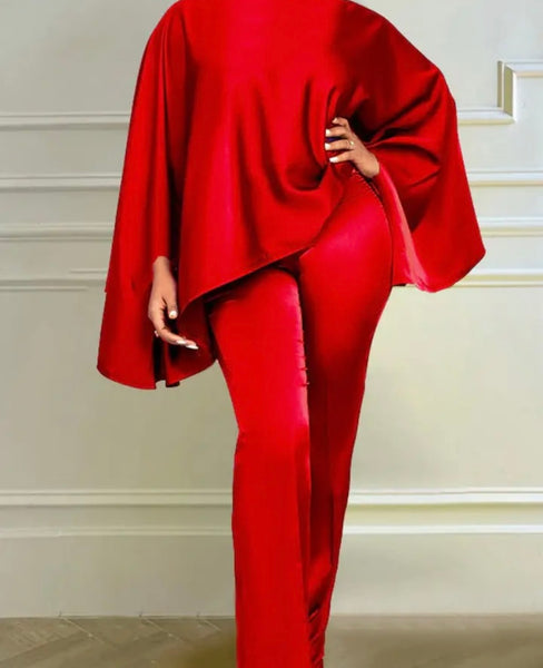 Women Sexy Satin Solid Color Batwing Two Piece Pant Set