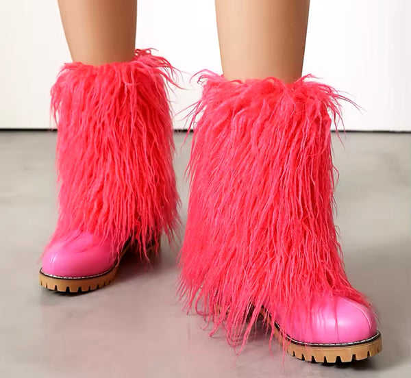 Women Color Fashion Faux Fur Ankle Boots