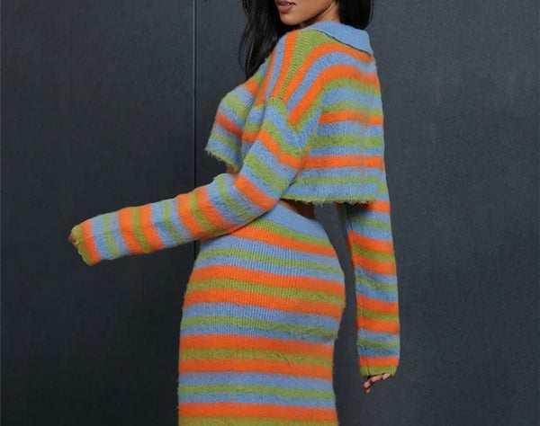 Women Fashion Full Sleeve Multicolored Striped Two Piece Maxi Skirt Set