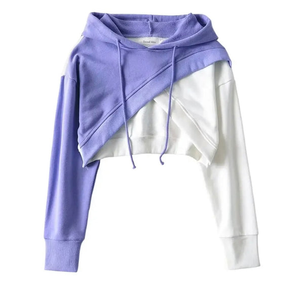 Women Fashion Color Patchwork Hooded Crop Top