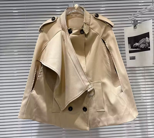 Women Khaki Fashion Trench Jacket Two Piece Ruffled Skirt Set