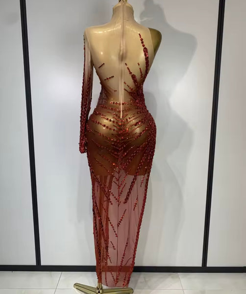 Women Sexy One Shoulder Full Sleeve Sequins Crystal Mesh Dress