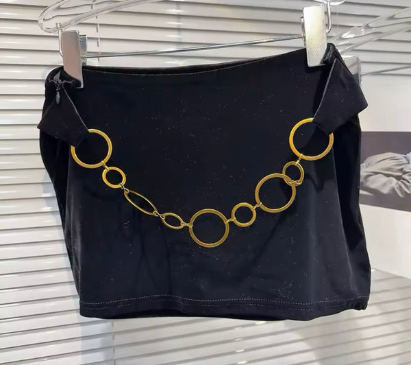 Women Sexy Black Velour Chain Halter Two Piece Skirt Set