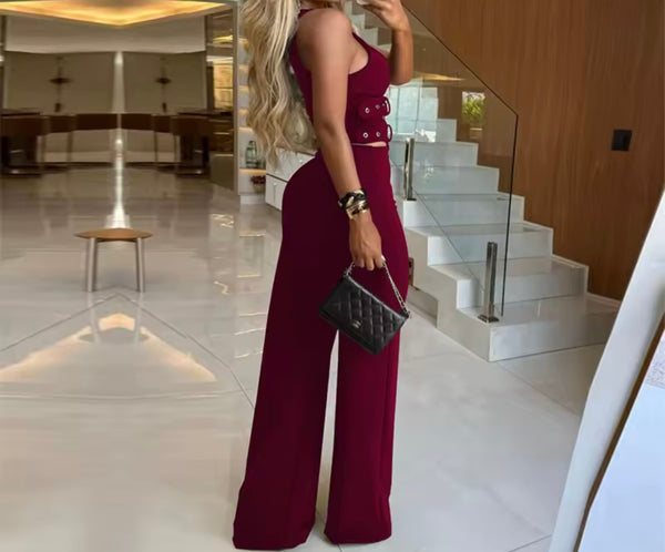 Women Sleeveless Buckled Crop Two Piece Fashion Pant Set