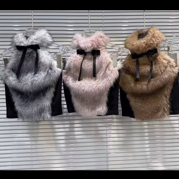 Women Fashion Color Faux Fur Halter Top