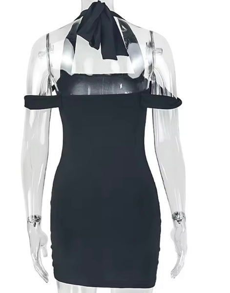 Women Sexy Black Halter Sleeveless Metal Ruched Dress
