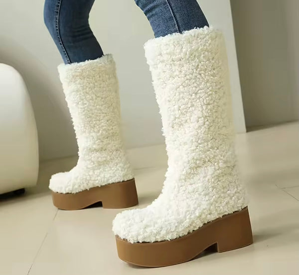 Women Fashion Furry Fleece Platform Knee High Boots