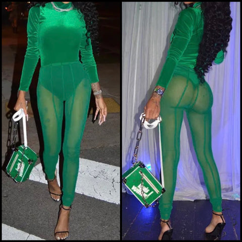 Women Green Sexy Velour Bodysuit Two Piece Mesh Pant Set
