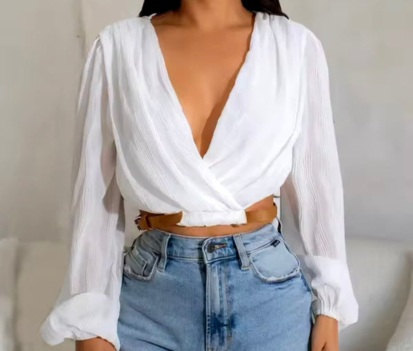 Women Belted Fashion Full Sleeve Crop Top