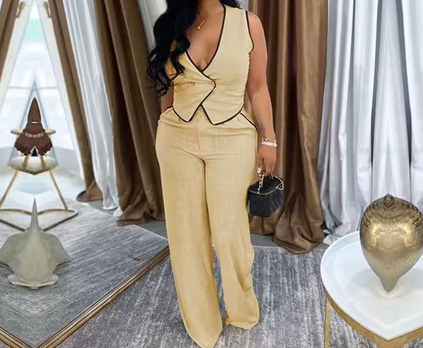 Women Fashion Sleeveless Striped Vest Two Piece Pant Set