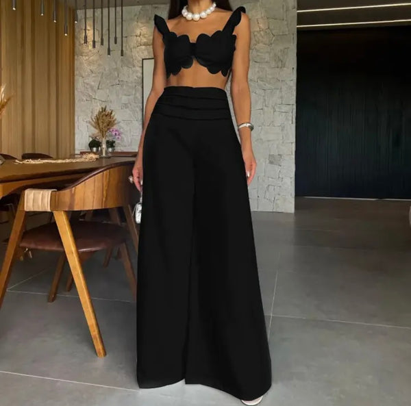 Women Sexy Ruffled Sleeveless Two Piece Wide Leg Pant Set