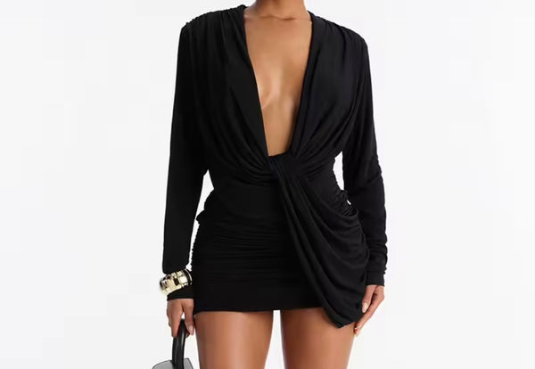 Women Sexy V-Neck Ruched Full Sleeve Dress