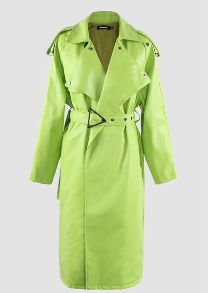 Women Fashion Faux Leather Green Belted Trench Jacket