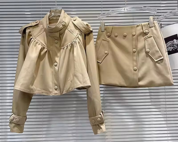 Women Fashion Khaki Button Up Two Piece Skirt Set