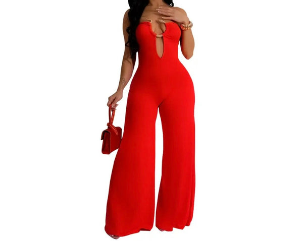 Women Sexy Strapless Metal V-Neck Wide Leg Jumpsuit