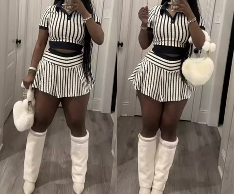 Women Sexy B&W Striped Short Sleeve Two Piece Skirt Set