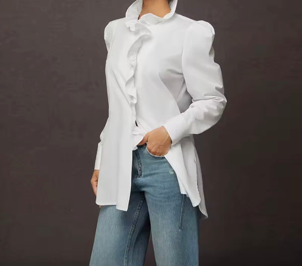 Women White Ruffled Button Up Full Sleeve Fashion Top