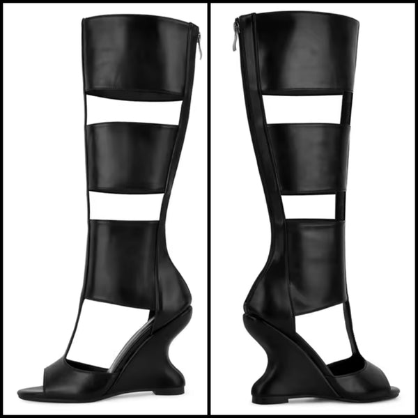 Women Black Fashion Open Toe Cut Out Wedge Knee High Boots