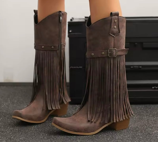Women Fashion Fringe Tassel Knee High Western Boots