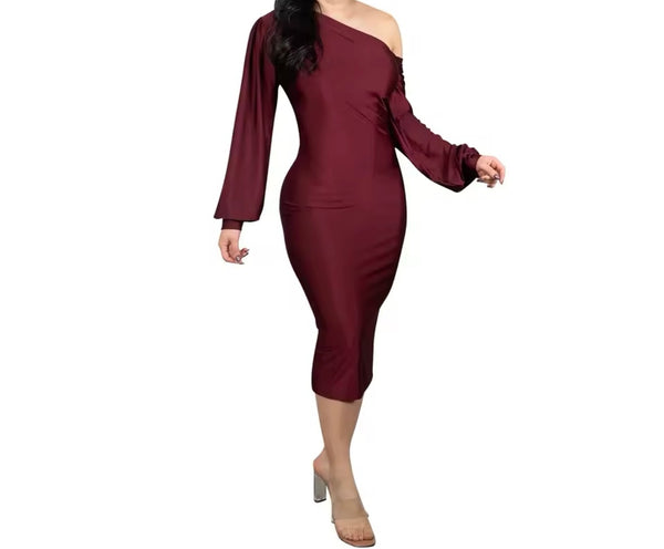 Women Sexy Skew Collar Full Sleeve Solid Color Dress
