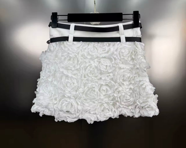 Women Sexy Fashion White 3D Floral Double Belt Skirt