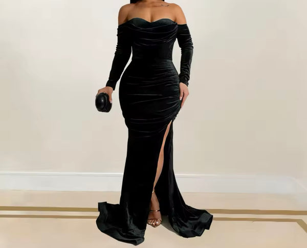 Women Sexy Velour Off The Shoulder Full Sleeve Maxi Dress