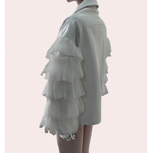 Women White Fashion Ruffled Faux Leather Jacket