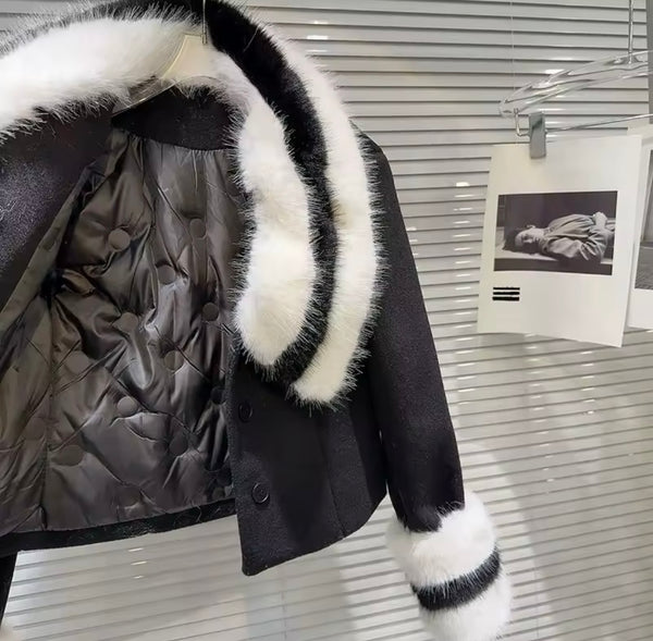 Women Fashion B&W Faux Fur Patchwork Jacket