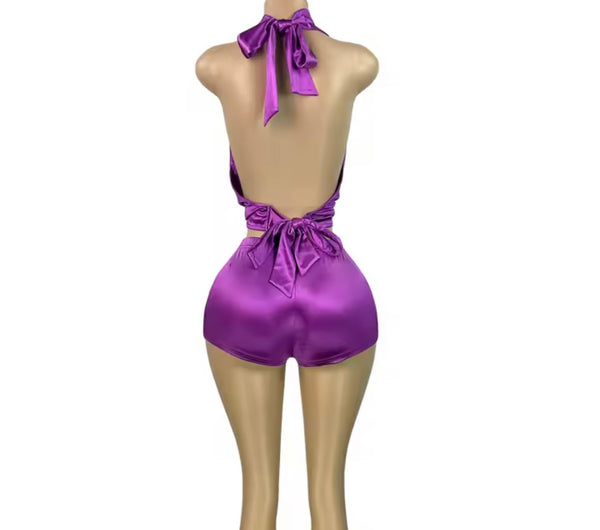 Women Sexy Satin Halter Open Back Sleeveless Two Piece Short Set