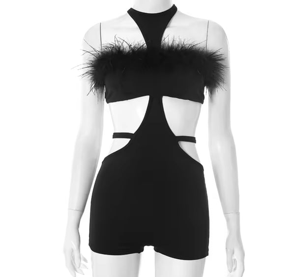 Women Black Sexy Sleeveless Feather Cut Out Romper