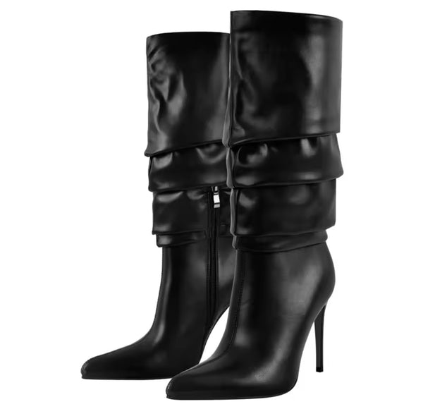 Women Fashion Pointed Toe Black Pleated High Heel Boots
