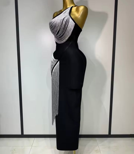 Women Black One Shoulder Sleeveless Fringe Tassel Dress