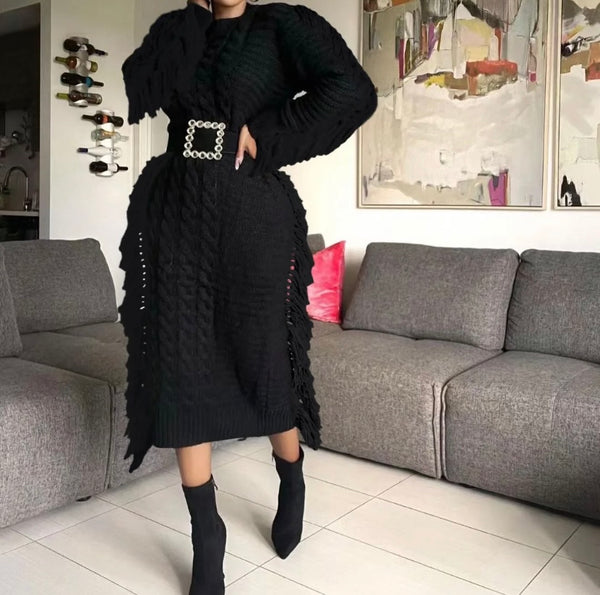 Women Full Sleeve Fringe Fashion Sweater Maxi Dress