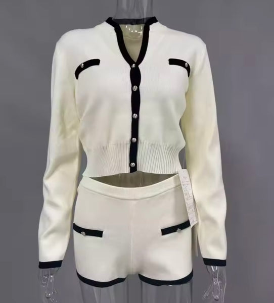 Women Color Patchwork Button Up Full Sleeve Two Piece Short Set
