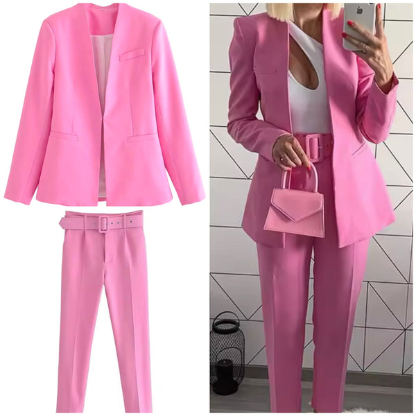 Women Fashion Pink Full Sleeve Blazer Two Piece Pant Set