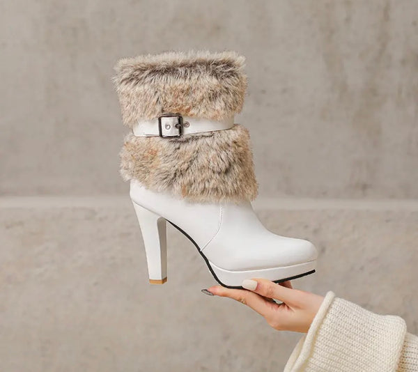 Women Fashion Round Toe Faux Leather Fur Buckled Ankle Boots