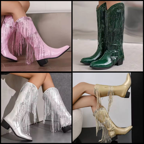 Women Fashion Color Fringe Tassel Western Boots