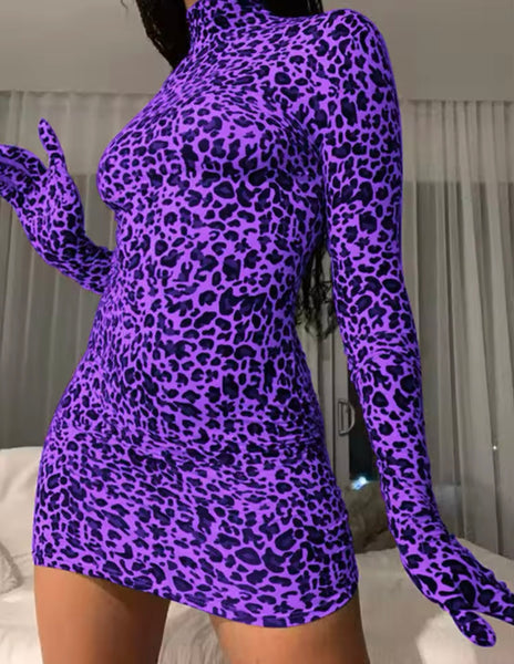 Women Sexy Color Leopard Glove Full Sleeve Dress