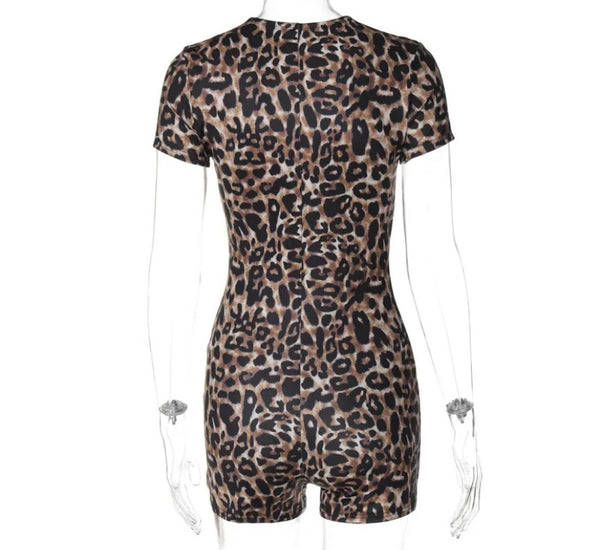 Women Sexy V-Neck Leopard Print Short Sleeve Romper