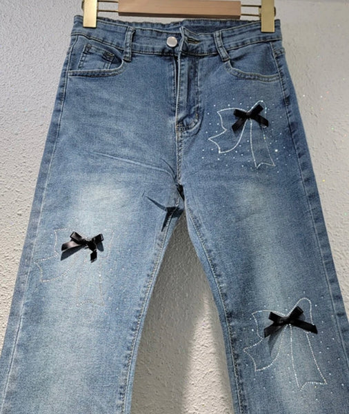 Women Fashion Bling Bow Wide Leg Denim Pants