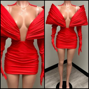 Women Red Sexy Glove Full Sleeve Dress