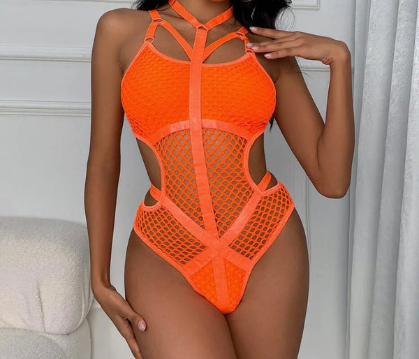 Women Sexy Sleeveless Netted Patchwork Bodysuit Lingerie