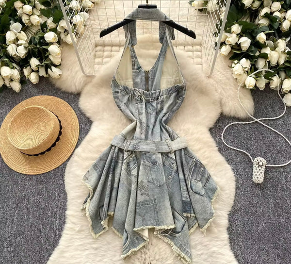 Women Halter Sleeveless Sexy Fashion Denim Dress