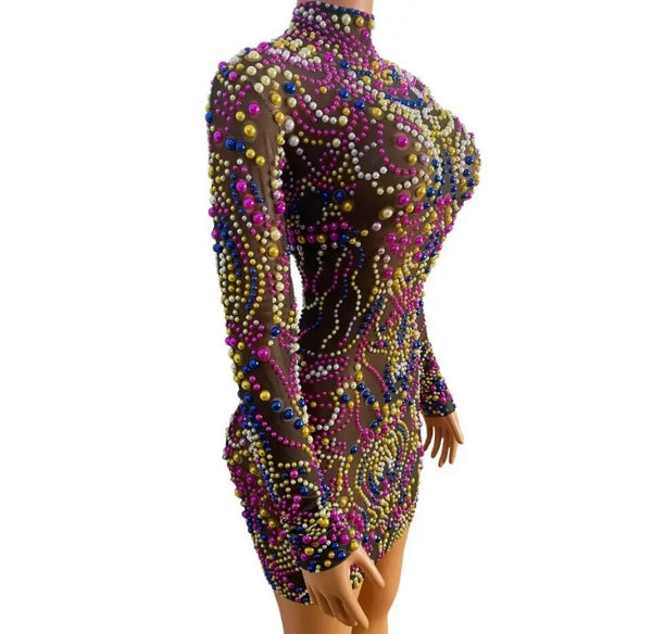 Women Sexy Full Sleeve Colorful Beaded Mesh Dress