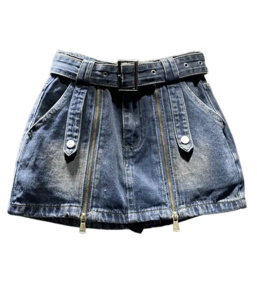 Women Fashion Buckled Zipper Denim Skirt