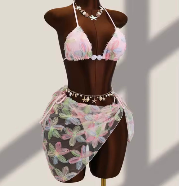 Women Sexy Floral Bikini Mesh Cover Up Set