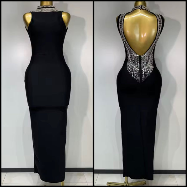 Women Black Sleeveless Open Back Rhinestone Maxi Dress